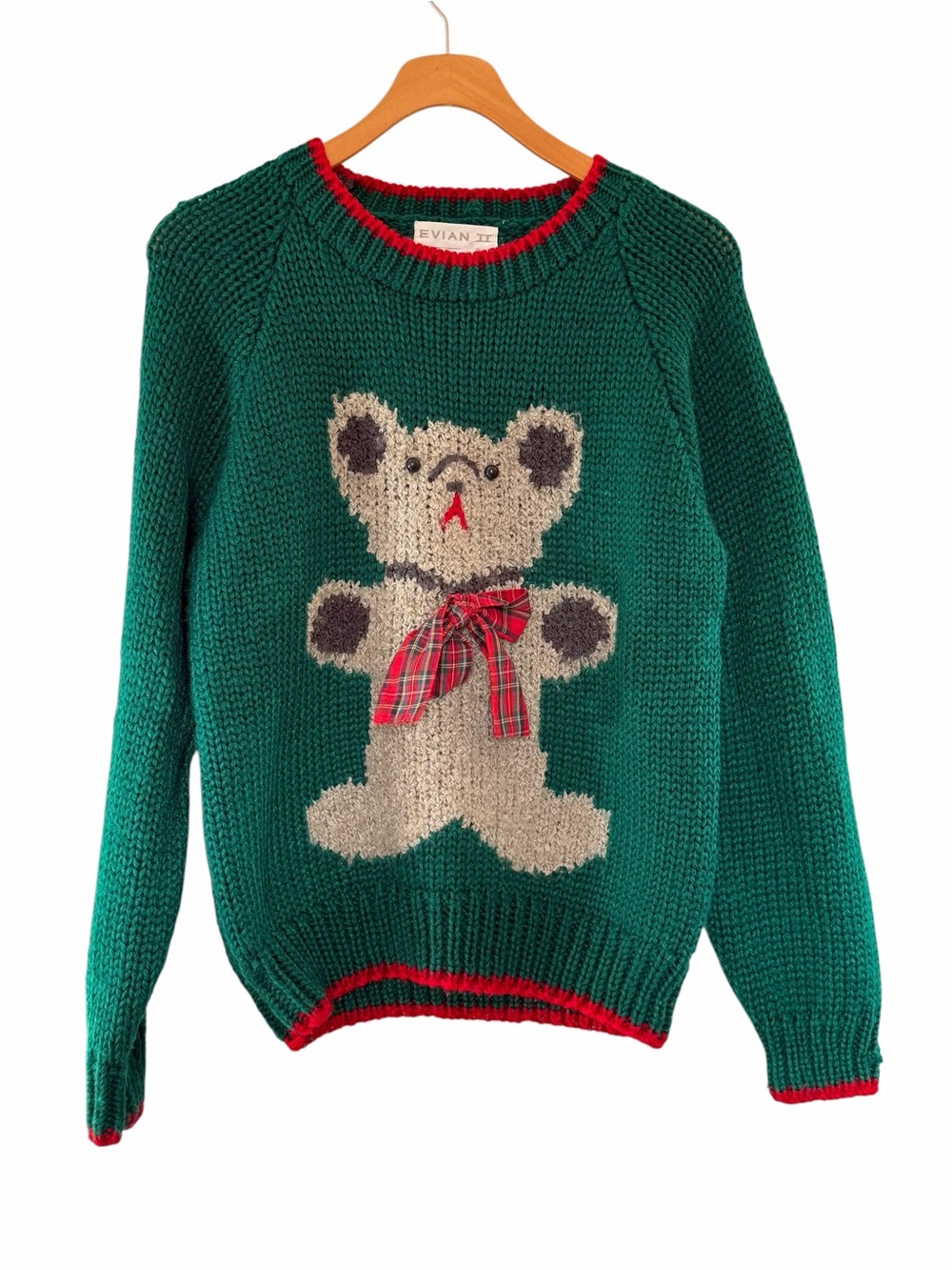 Vintage Green Teddy Bear with Bow Crewneck Knit Sweater Size S Grandmacore